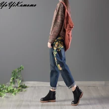 YoYiKamomo, женские брюки из хлопка, большие размеры, весна, Sumemr, джинсы с вышивкой, шаровары с эластичной талией, винтажные свободные женские брюки