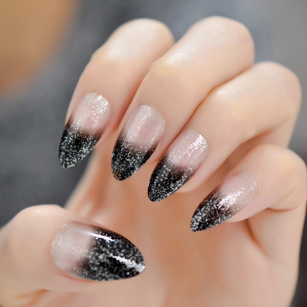 US $1 26 16% OFF|Black Ombre French Nails Sharp Ending Acrylic Nail Tips Glitter Gel Cover Gradient Pointed Nails False with Adhesive Tabs-in False