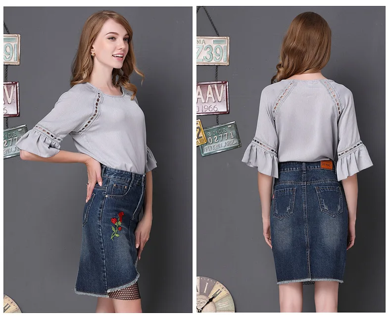 rose embroidered splicing denim skirt 2017 autumn fishing net package hip skirts large size needlework female skirts GL1050 (9)