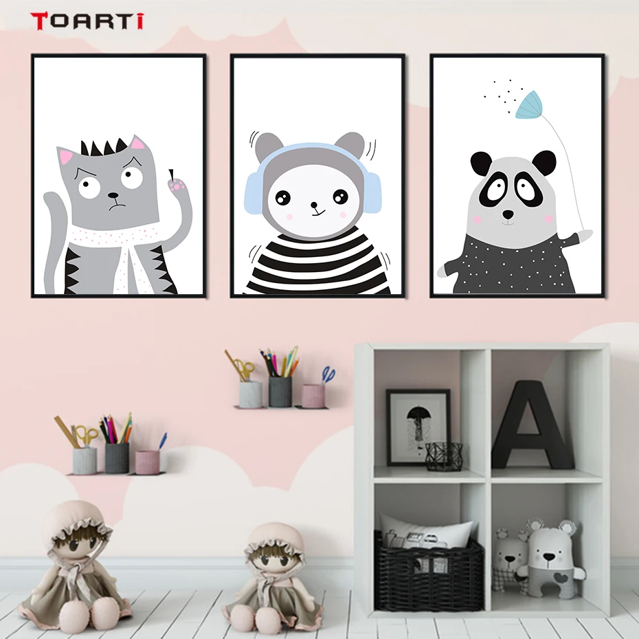 Cute Cartoon Animals Wall Art Grayness Style Modern Canvas Painting Nursery Pictures Vintage Posters&Prints Kids Room Home Decor (1)
