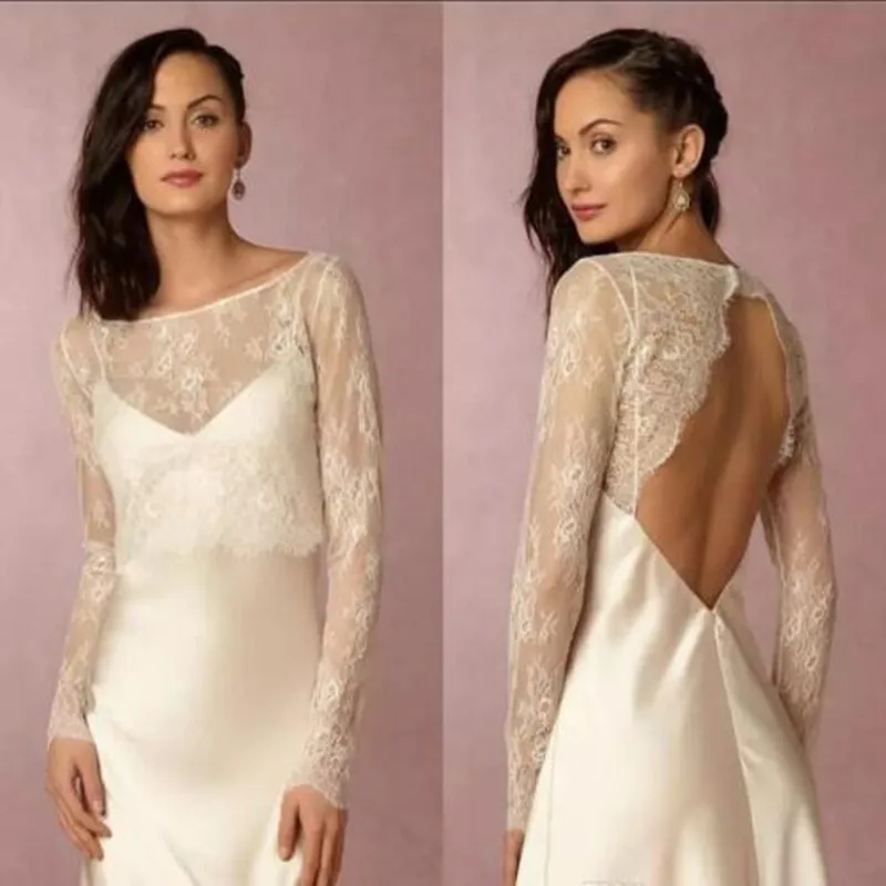 

Hot Sexy Women Custom Backless Wraps White Ivory Bolero Wedding Jackets Scoop Neck Long Sleeve Lace Bridal Jacket