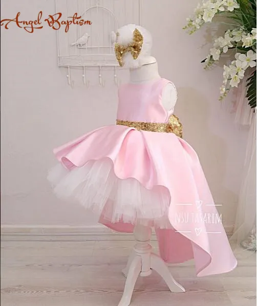 

Cute pink high low flower girl dresses with gold sequin bow sash puffy tutu 1st baby birthday party gown kids graduation dresses