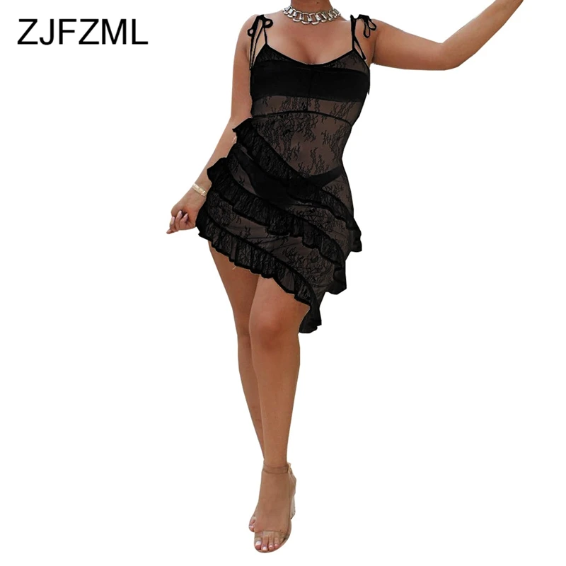 

ZJFZML Spaghetti Strap Mesh Lace Dress Women Sexy Sleeveless Club Party Dress Summer White Black Ruffles Perspective Short Dress