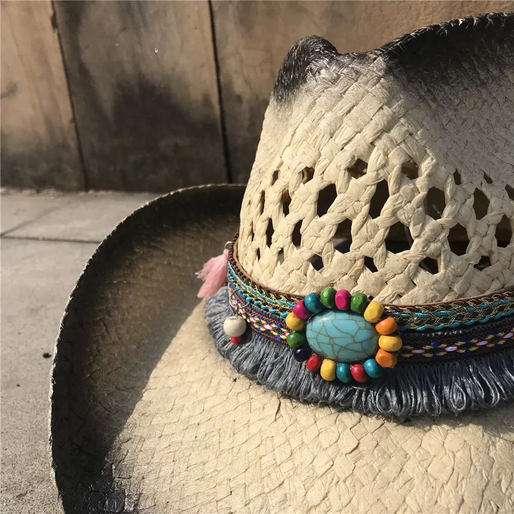 Женская открытая западная ковбойская шляпа летняя дамская шляпа Sombrero Hombre шляпа очарование кисточка Солнцезащитная шляпа