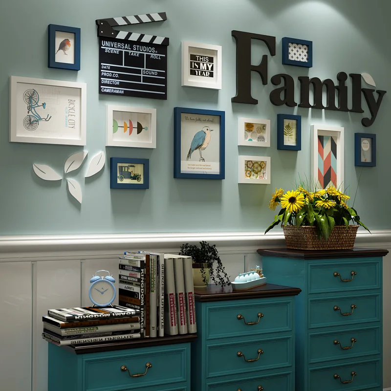 

INKANEAR Modern Fashion Painting Nautical style Photo Frame Set Clock Solid Wood Home Decor Wall Decoration DIY HF8123