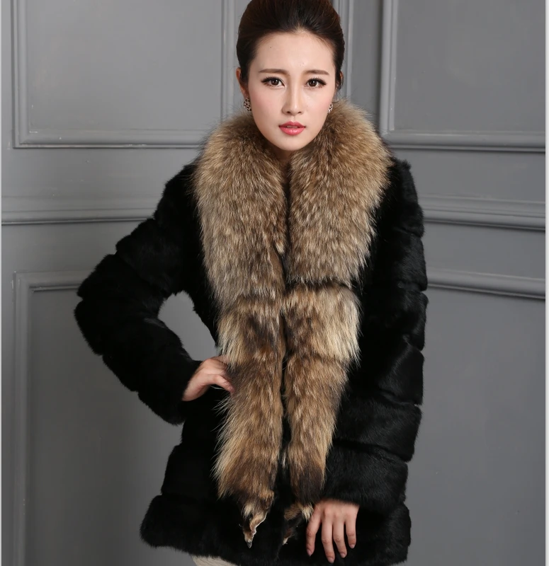 Col Lapin Naturel Manteau Femmes Mode Réel De Grande Chaud Laveur Taille Fourrure Outwear Raton Long D'hiver Veste xRqBc4w