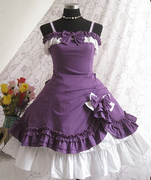 Симпатичные Фиолетовый хлопка из двух частей Лолита платье костюмы