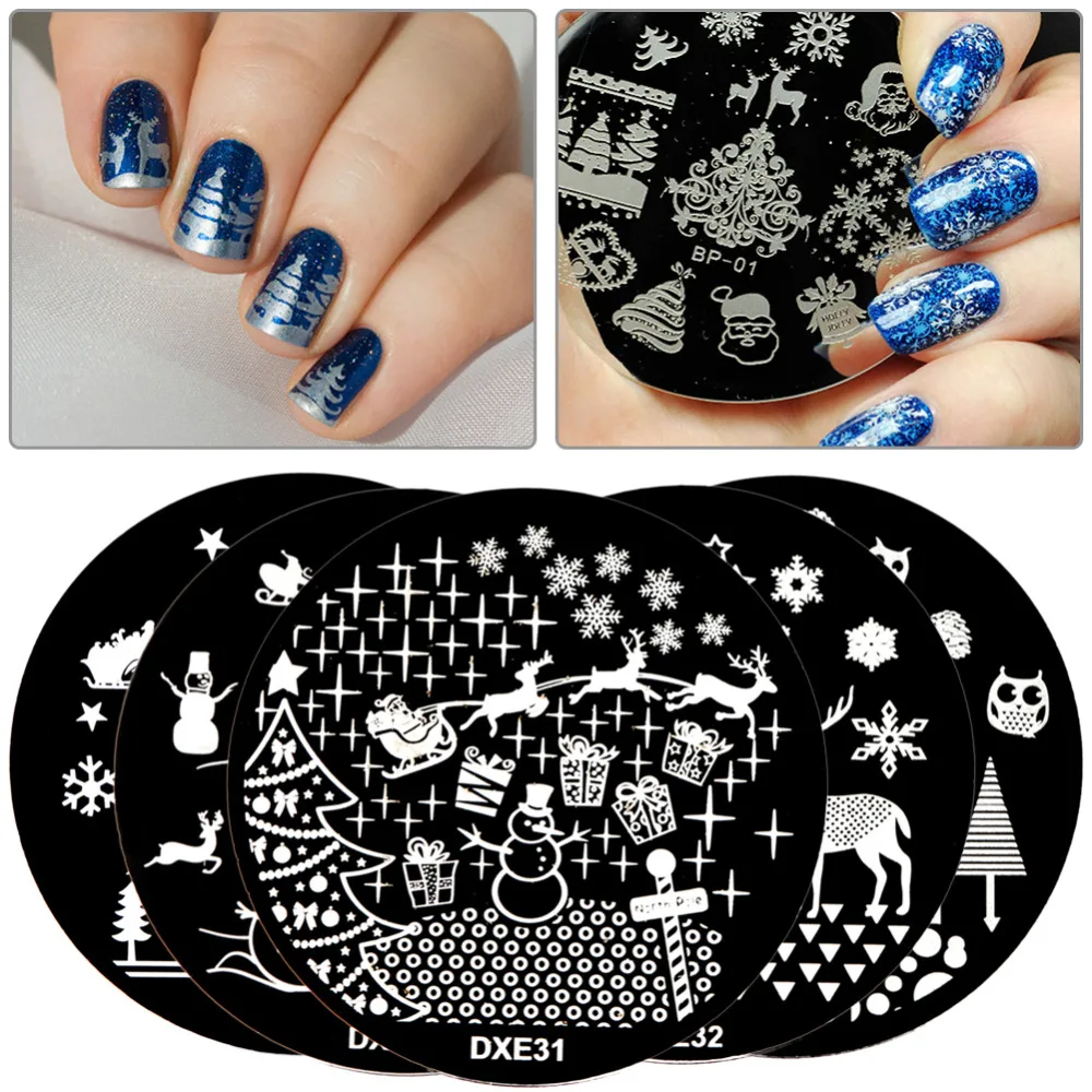 

ELECOOL Cute 1 Pc Christmas Series Round Nail Plates 29 Styles Stainless Steel Stamping Template Lady Women Girl DIY Stampers