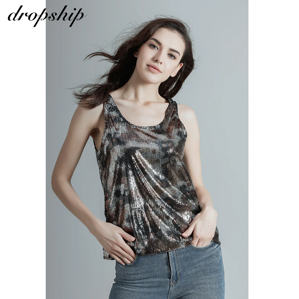 

Dropship T Shirt Tshirt Camouflage Women Tops Streetwear 2019 Summer Sexy Loose Green O-neck Sequin Sleeveless Tee Vest