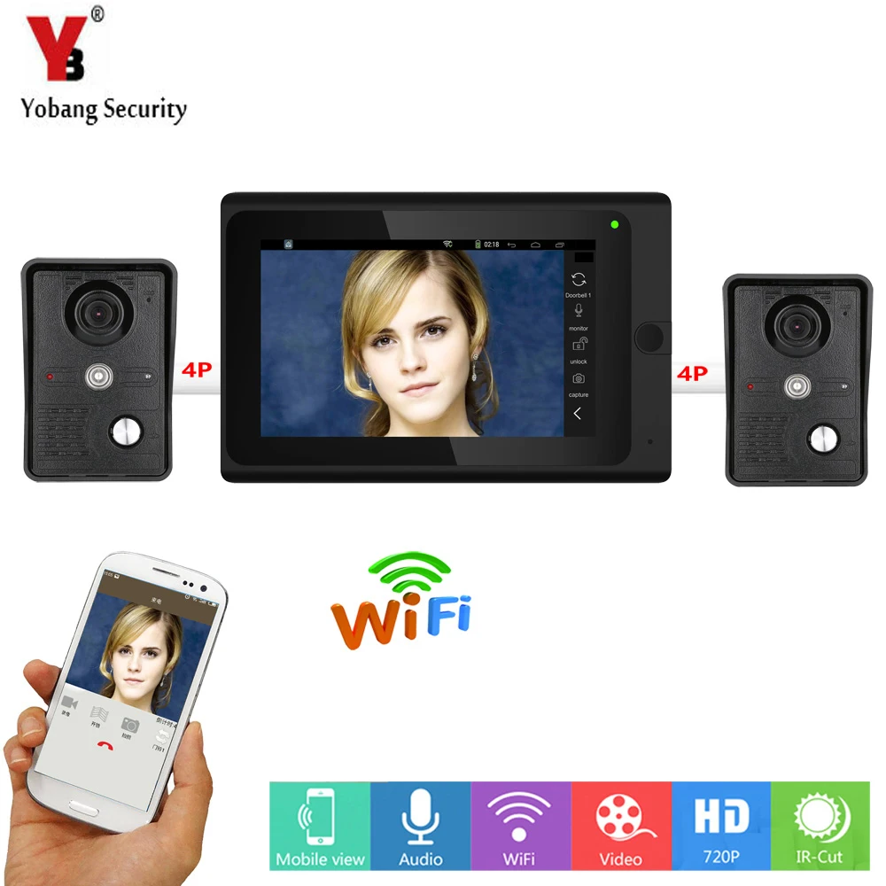 Yobang безопасности видео домофон с 7 дюймов монитор Wi-Fi Беспроводной Видео Домофонные дверной звонок 2 Камера 1 монитор APP управление