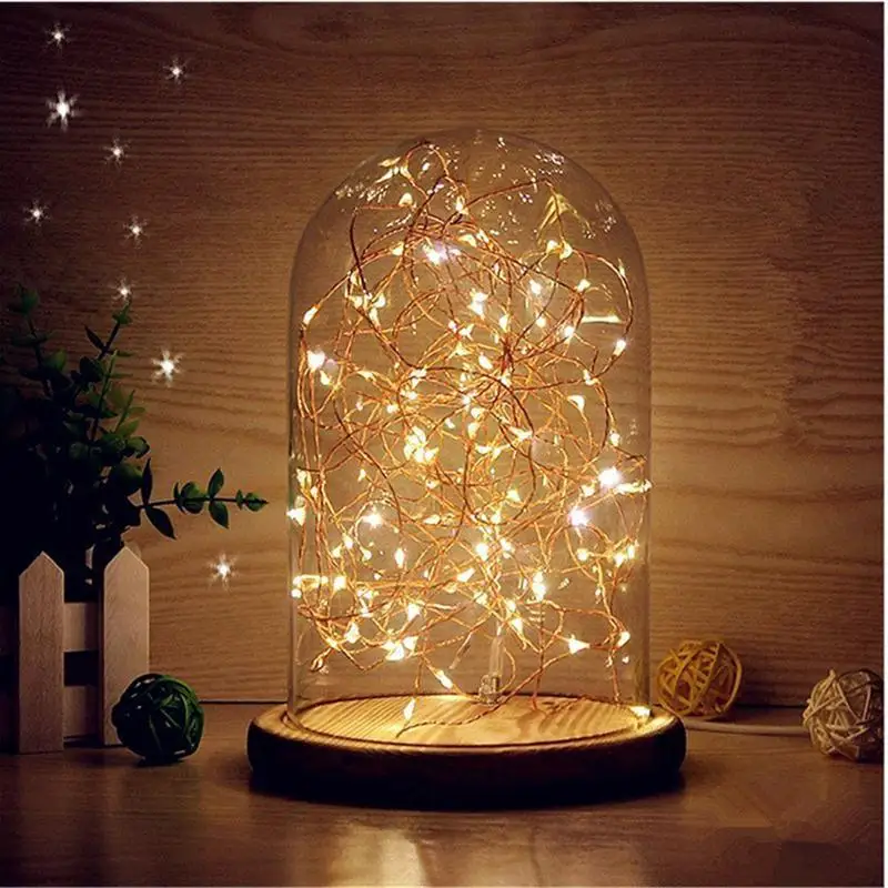 glass dome night light bell jar display wooden base led warm white christmas lights with white wire