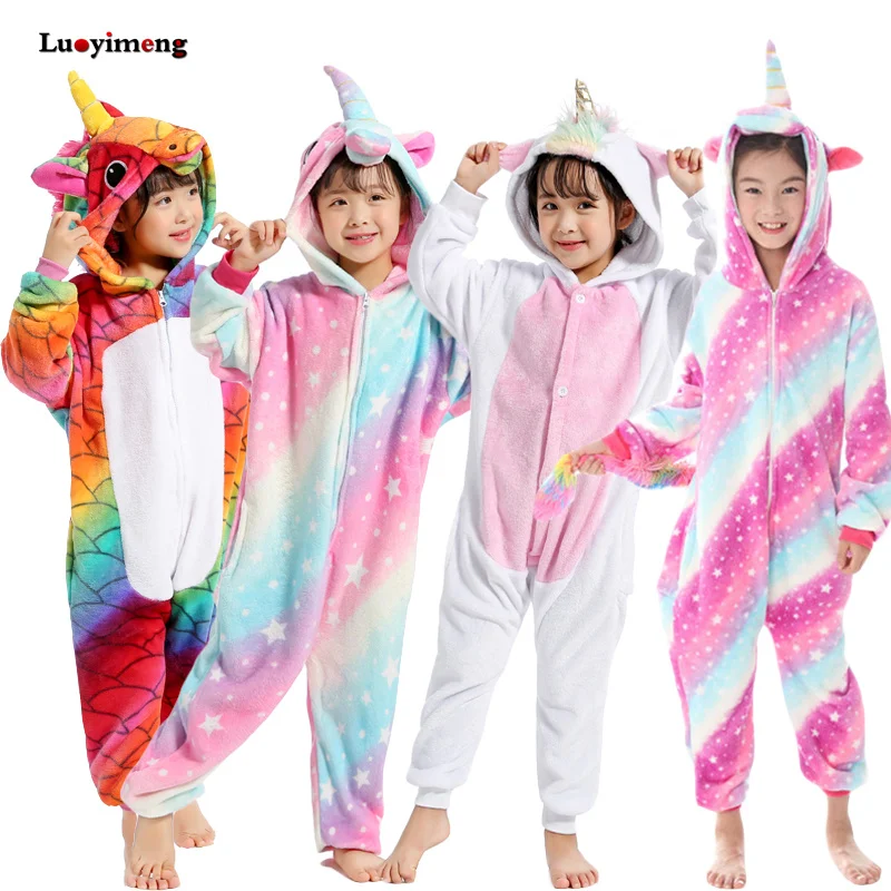 2020 Boys Girls Kigurumi Unicorn For Children Pajamas Winter Animal Flannel Hoodie Pyjama Kids Sleepwear Panda Unicornio Costume