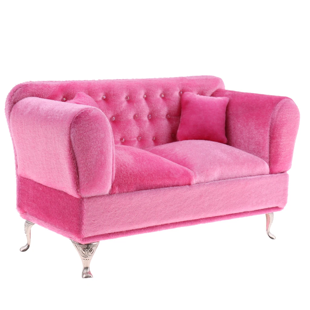 Dollhouse Pink Double Couch Long Sofa with Cushions Living Room Furniture Decor for 1/6 Scale Dolls Accessories Life Scenes