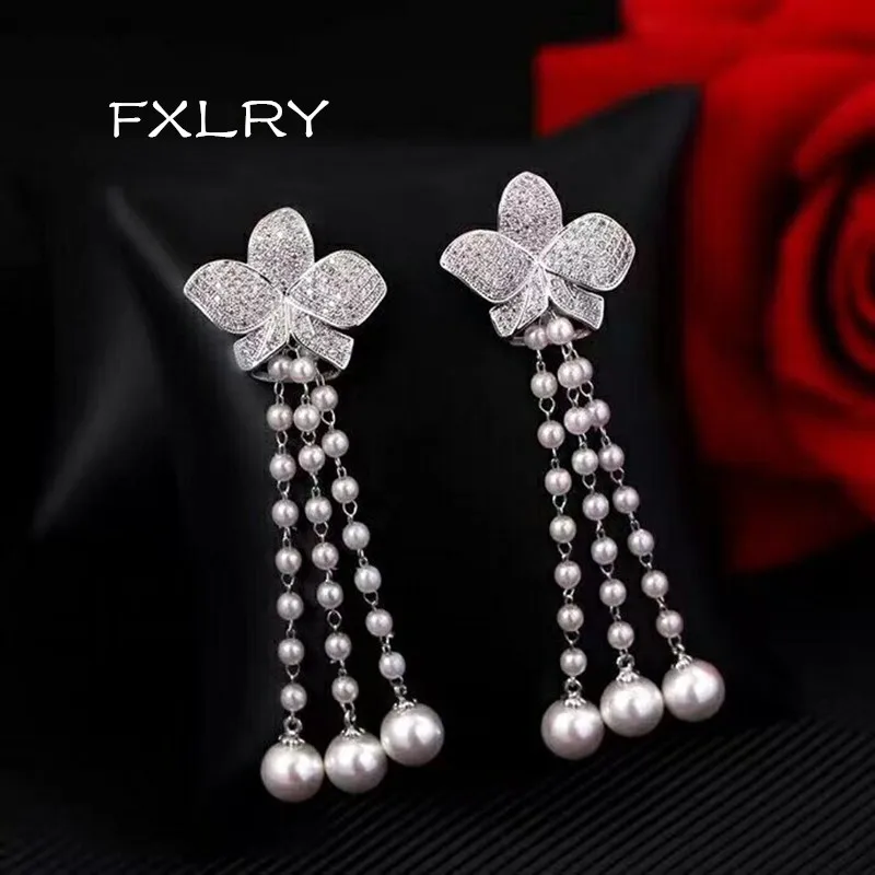 

FXLRY New Arrival White Color AAA Cubic Zirconia Romantic Rose Flower Pearl Earrings For Women Wedding Party Jewelry