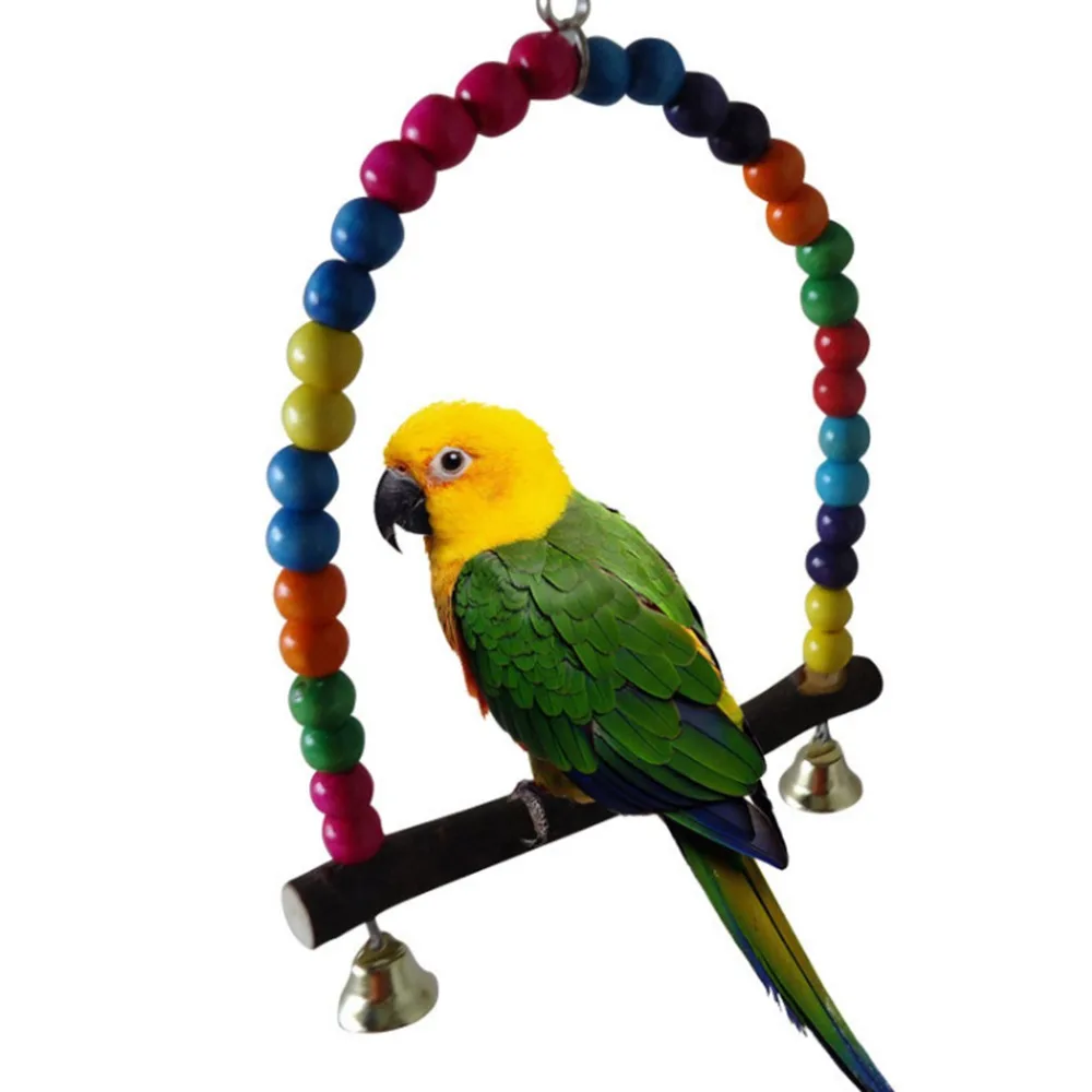 

Wooden Parrot Swing Toy Bird Cage Accessories Bird Stand Rack Hanging Perch For Bird Parrot Swing Toy with Colorful Beads Bells