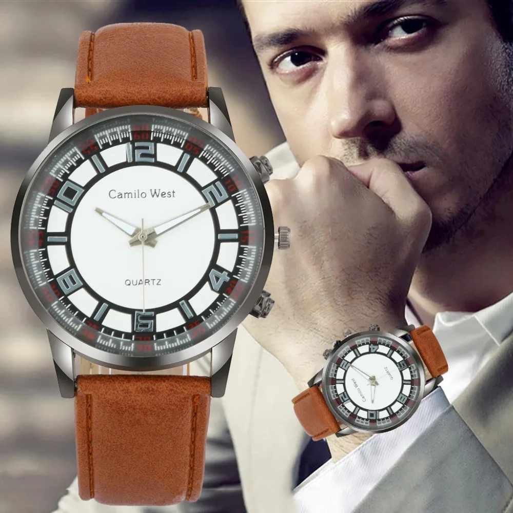 

Mens Watch Digital Unique Dial Quartz Wristwatch Business Style Male Watches Featured Leather Strap Clock Zegarek Meski @50