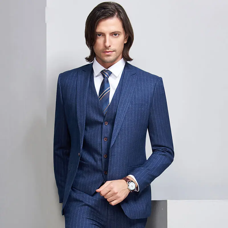 Blue Pinstripe Suit Jacket 3 Piece Slim Fit Leisure Wedding Men Tuxedo ...