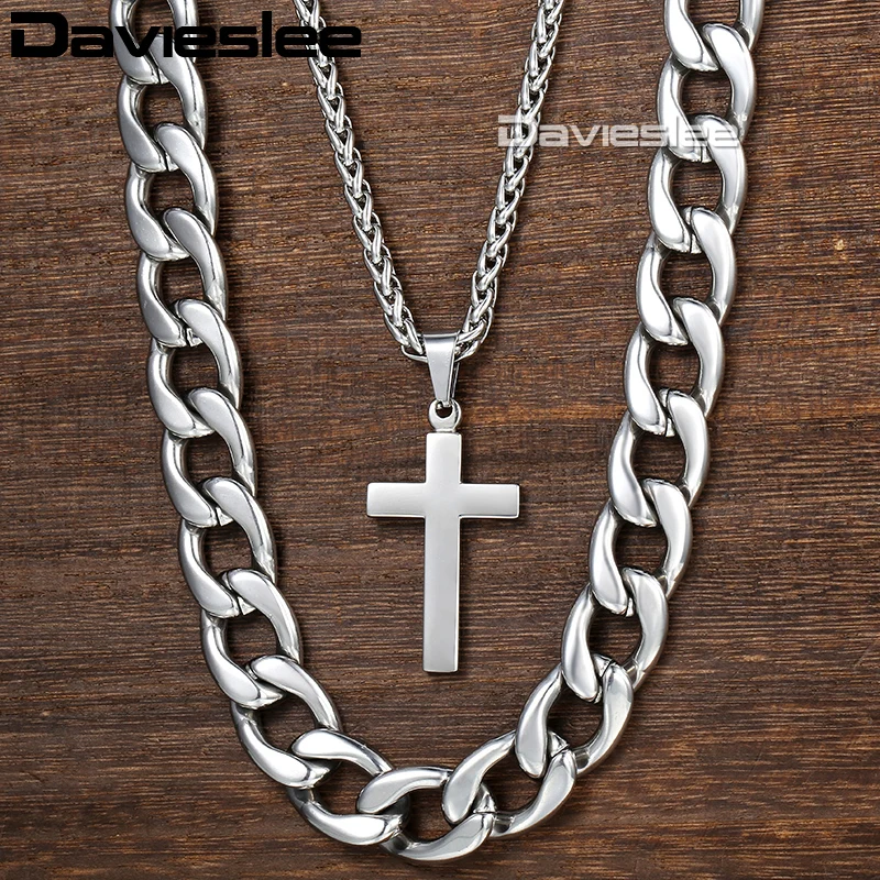 

Davieslee Men's Hip Hop Necklace Silver Stainless Steel Cuban Wheat Link Chain Cross Pendant Necklace Jewelry 13mm 24inch DDN01