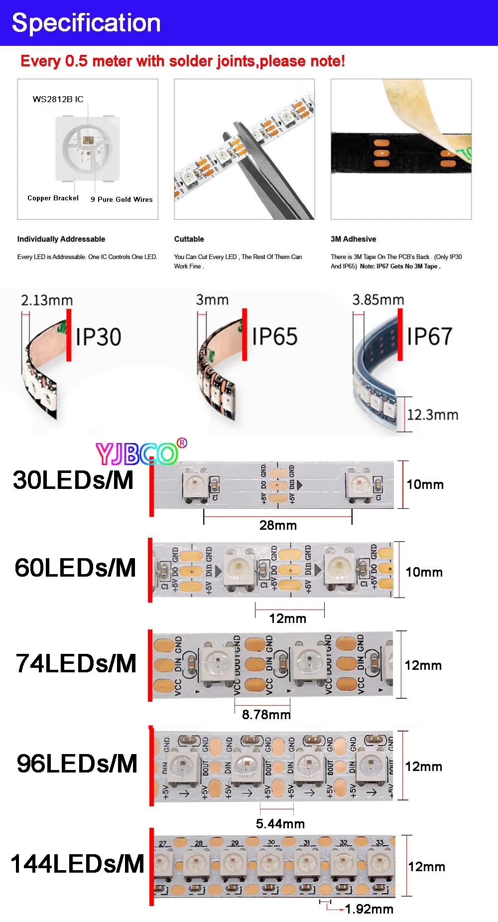 WS2812B 1 m/3m/5 m 30/60/74/96/100/144 пикселей/светодиодов/m Smart led пикселей полосы, WS2812 IC; WS2812B/м, IP30/IP65/IP67, черный/белый PCB, DC5V