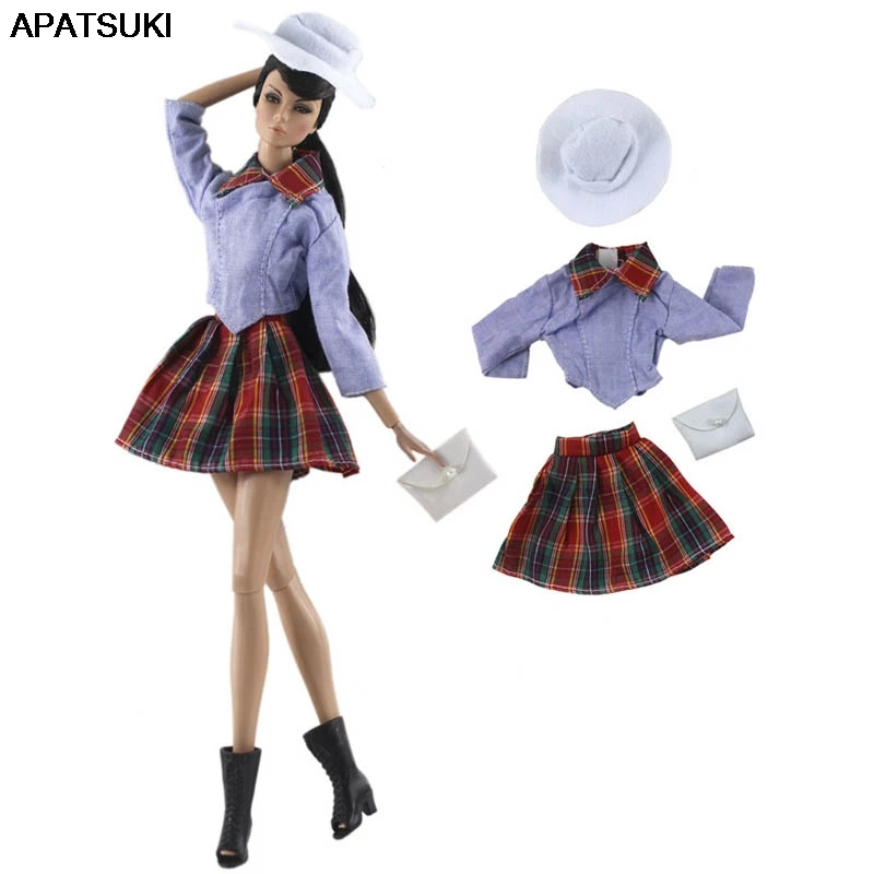 

Fashion Doll Clothes Set For Barbie Doll Costume Students Shirt & Pleated Skirt Handbag Fashion Outfits For Barbie Dollhouse 1/6