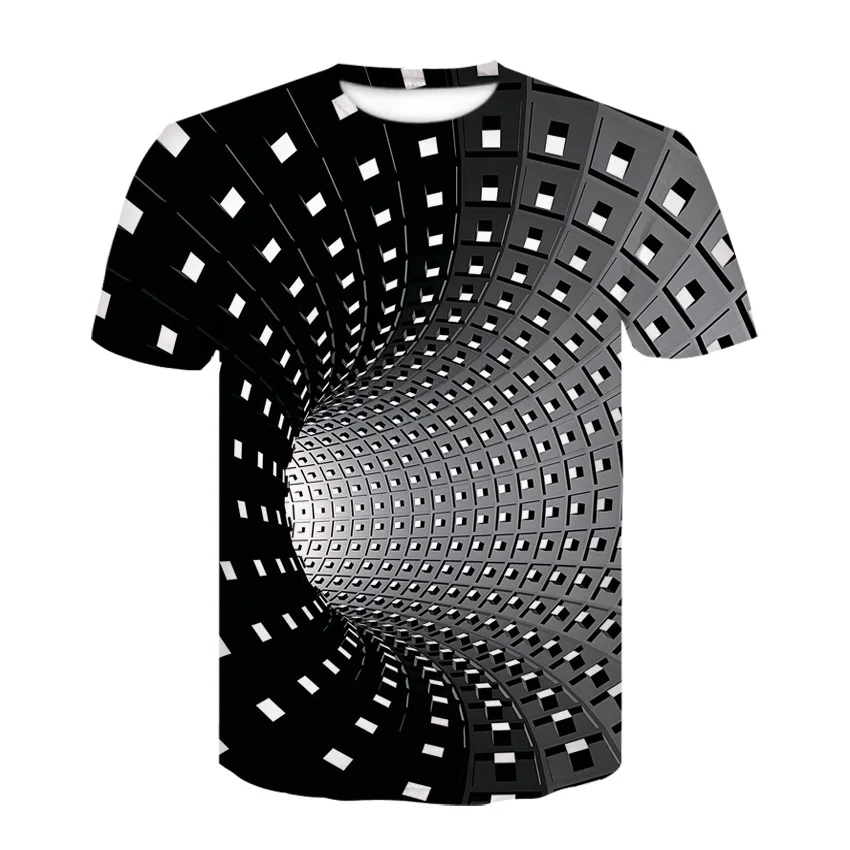

3D black and white checked tunnel short sleeve T-shirt, summer boy hip hop funny personality print trend T-shirt