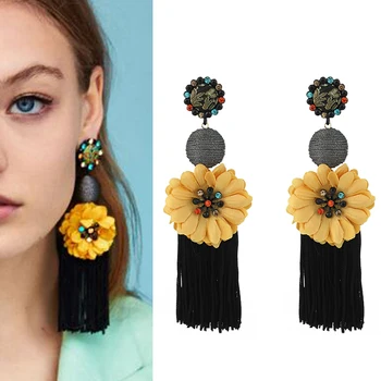 

Lalynnly Big Flower Tassel Earrings for Women Rhinestone Pendant Long Earrings Statement Earrings Bohemian Jewelry E26581