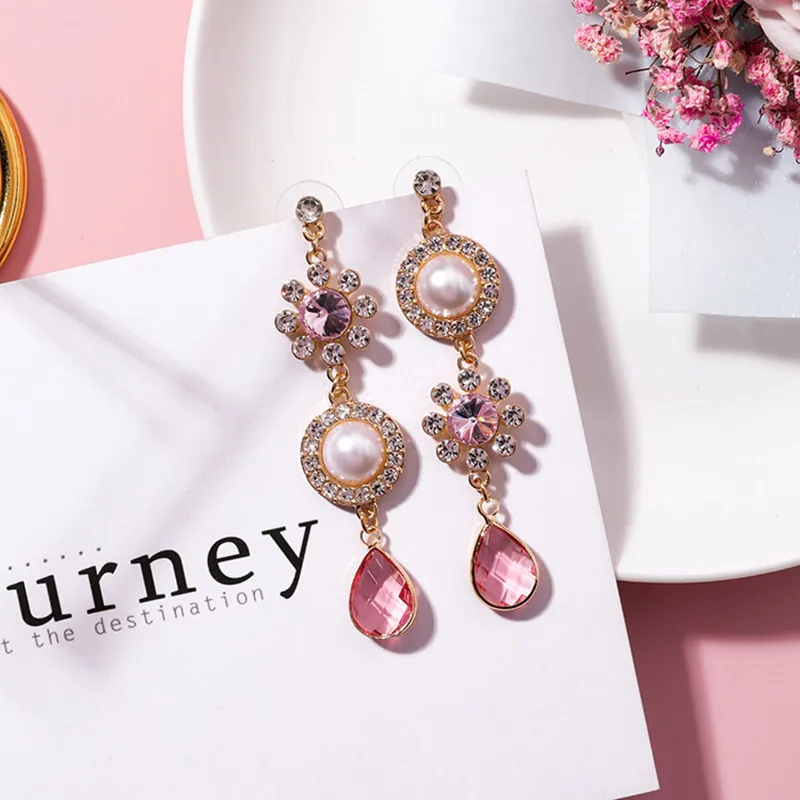 New Fashion Luxury Pink Shiny Rhinestone Long Bowknot Tassel Drop Earrings Korean Baroque Style Women Pendientes Jewelry - Image 2