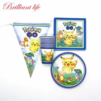 

80pcs/lot Pokemon Go Theme Cartoon Boy Girl Birthday Party Disposable Pikachu Cup Plate Flag Napkin Banner Decoration Supplies