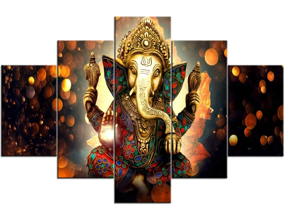 Ganesha Paintings House Decorations Living Room 5 PiecesPanel Canvas Wall Art Lord Ganesha Pictures Posters Prints,Modern Artwork Home Decor Wooden Frame Ready to Hang(60''Wx40''H)