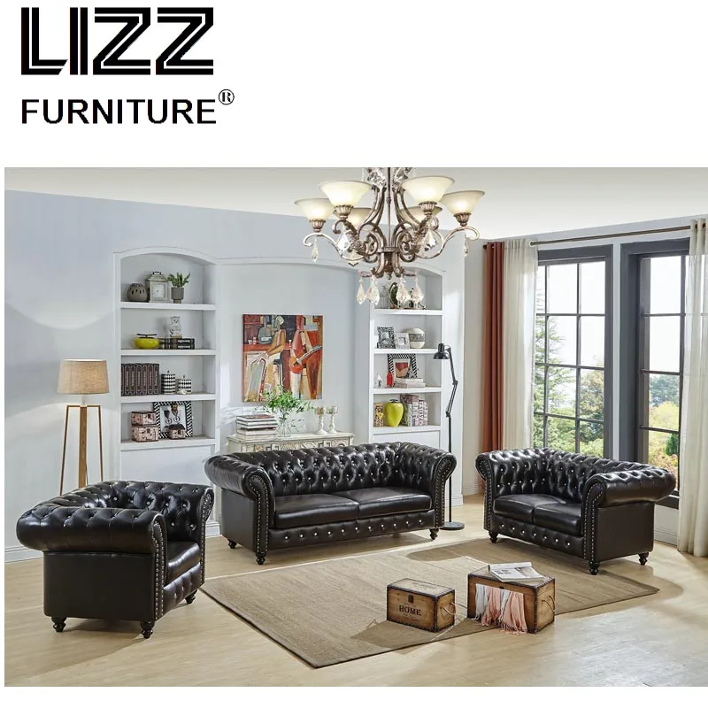 Classical leather sectional morden retro furniture Button Tufted Chesterfield sectioanl couch sofa chair Chinese furniture