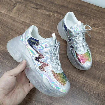 

Luxury Rose Gold Silver Diamond Women Sneakers Clear Heels Trainers With Crystal Round Toe Flat Casual Shoes Woman Lace Up Brand