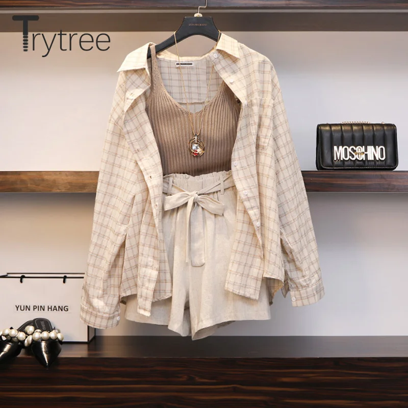 Trytree Spring Summer Women Three piece sets Casual Linen Plaid Tops + Shorts Elastic Waist Wide Leg Pants Suit Set 3 Piece Set Trytree Spring Summer Women Three piece sets Casual Linen Plaid Tops + Shorts Elastic Waist Wide Leg Pants Suit Set 3 Piece Set