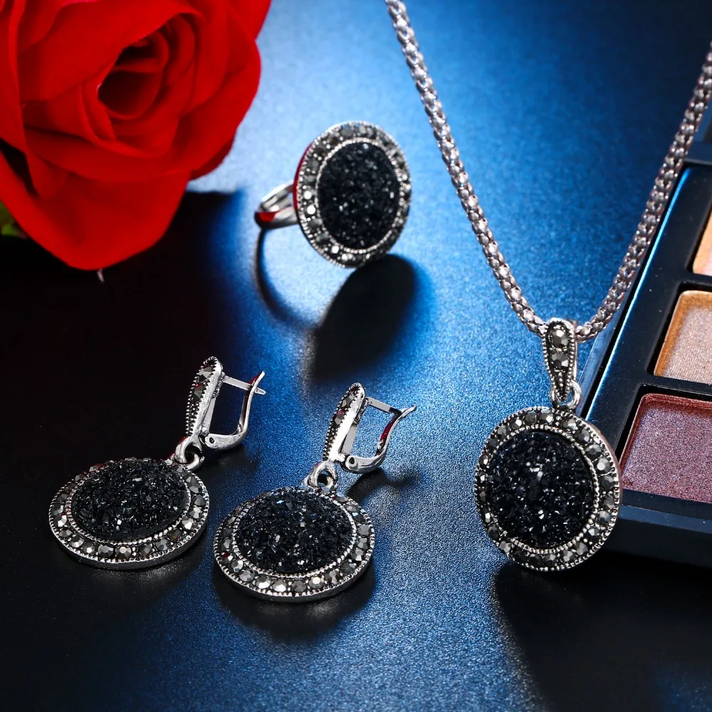 Винтажное ожерелье с черным камнем, серьги, кольцо, ювелирный набор, Модный женский античный серебряный кристалл, круглый камень, подвеска, ожерелье, подарки
