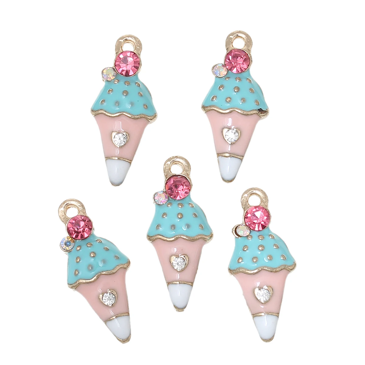 

Doreen Box Charm Pendants Ice Cream Light Golden Multicolor Pink Rhinestone Enamel 23mm( 7/8") x 10mm( 3/8"),5 PCs 2016 new