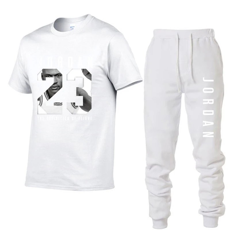 

Summer Street Casual Wear Cotton Men's Short Sleeve T-Shirt Sweatpants 2 piece tracksuit Set Jordan 23 Men's sweatpants
