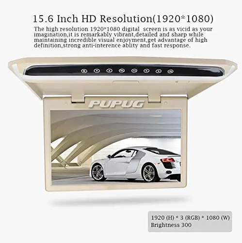 Excellent 15.6" Overhead Car Video Player Roof Mount Monitor with HDMI 1920 x 1080 Wide View Screen Support 1080P Fire TV Stick FM SD/USB 5