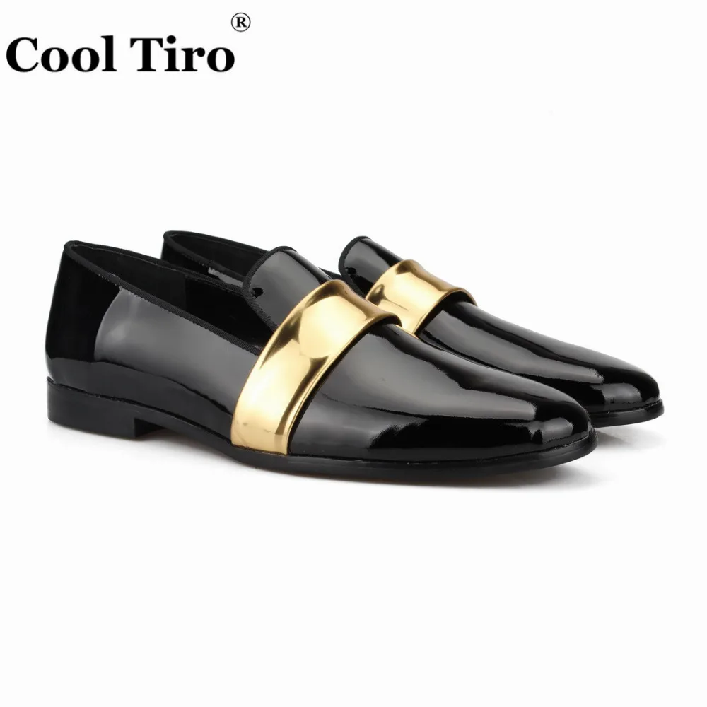 COOL TIRO New style Handmade Black patent leather with Gold Patent Leather Buckle Fashion Party and wedding men shoes flats