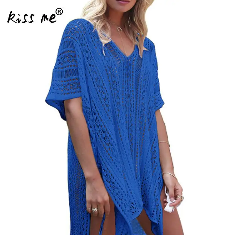 blue Beach Sexy Cover Ups For Women See Through Look Hollow Solid Short Beach Dress Swimsuit Bikini Cover Up Pareos Wrap For Women - Цвет: blue
