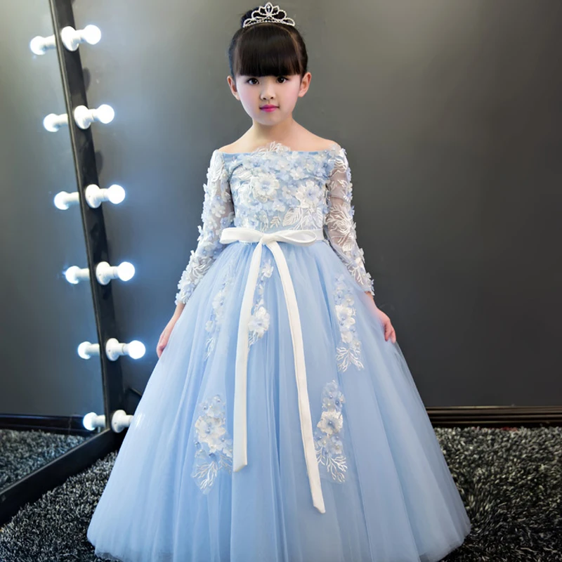 

Luxury Long Lace Embroidery Embroidery Kids Dress For Girls 2017 Sweet Princess Prom Party Flower Girls Dress For Wedding P69