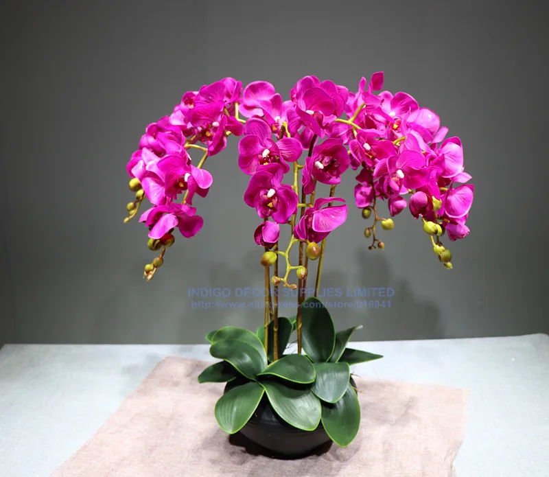 Фиолетовый цветок орхидеи Аранжировка(6 шт. Орхидея+ 3 шт. Лист) реальный сенсорный цветок стол декоративный цветок Свадебная вечеринка