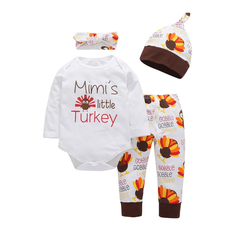 

Newborn Baby Girl 4PCS Clothing Set Long Sleeve Jumpsuit + Hat + Headband + Long Pants 4pcs Kids Set