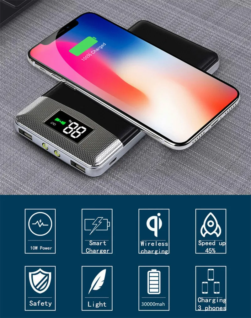 Wireless Charger Powerbank Portable 30000mah Power Bank External Battery Bank Built-in QI Wireless Charger For iPhone Samsung Wireless Charger Powerbank Portable 30000mah Power Bank External Battery Bank Built-in QI Wireless Charger For iPhone Samsung