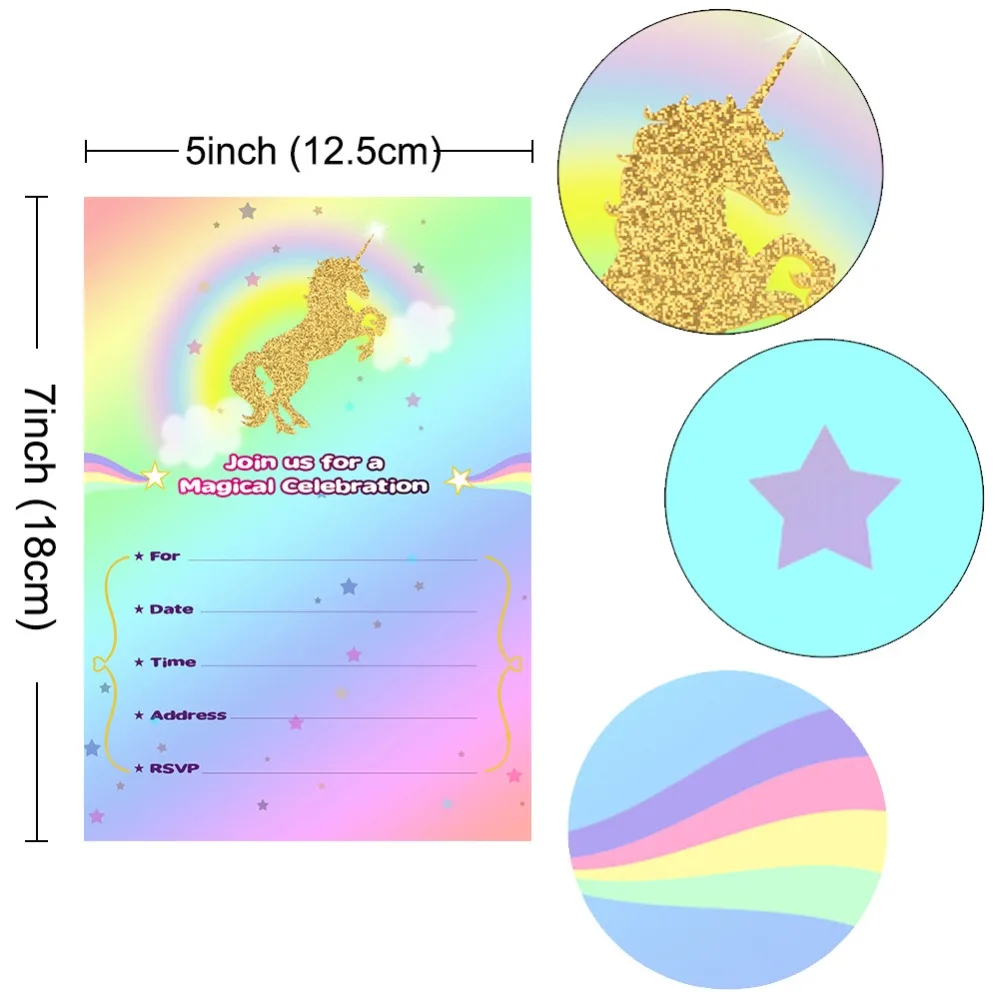 OurWarm 10 шт. Пригласительные открытки на день рождения с единорогом вечерние Пригласительные открытки с конвертом для вечеринки в честь Дня рождения детей
