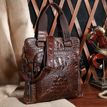 

Vintage Alligator Oil Wax Genuine Leather Man Handbag Business Travel Shoulder Crossbody Bags Male Hard Top Handle Bag Briefcase