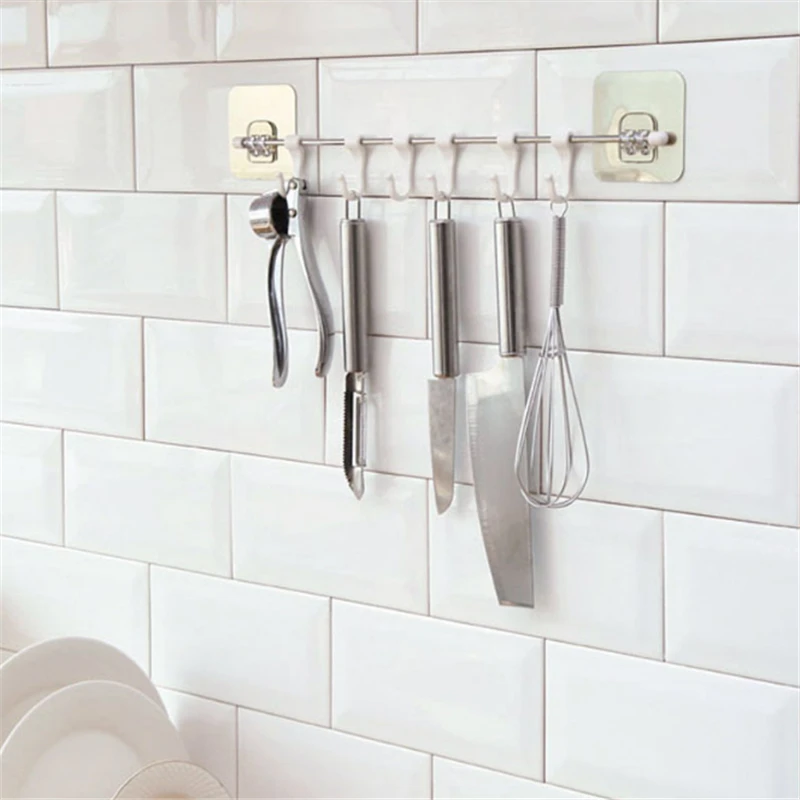 

Multi-purpose Rustproof Stainless Steel Rail With 6 Plastic Hooks Bathroom Kitchen Sticker Hanger For Storage Towel Kitchenware