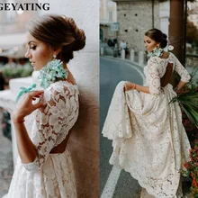 Деревенское богемное бежевое кружевное свадебное платье с открытой спиной с рукавами винтажное Бохо пляжное свадебное платье страна размера плюс свадебное платье