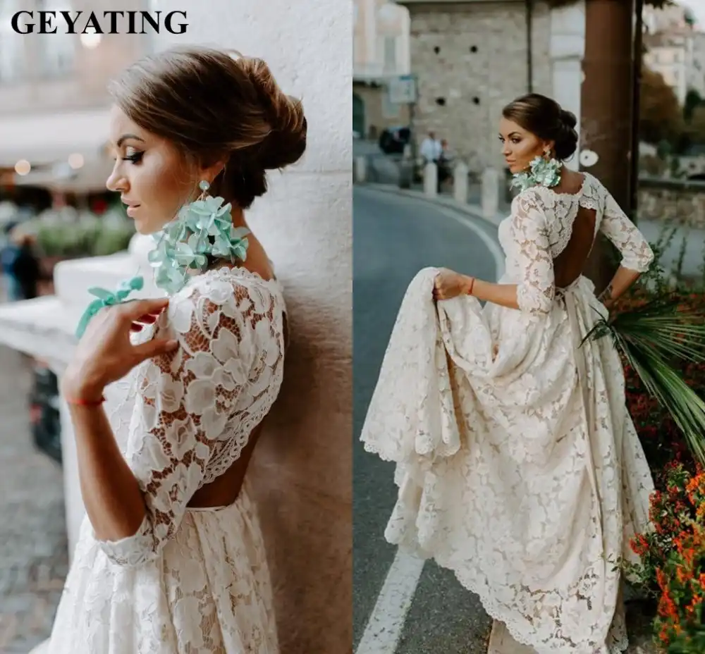 Vestido Rustico Bohemio De Encaje Beige Con Espalda Abierta Para Boda Con Mangas Vintage Bohemio Para Playa Boda Vestido De Novia De Talla Grande Aliexpress