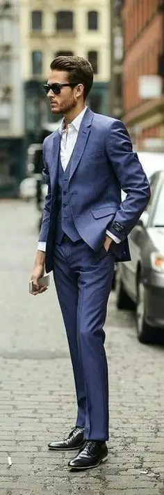 

New Design Blue Groom Tuxedos Wedding Suit For Men Designers Tailored Prom Suit Boyfriend Blazer Bridegroom(Jacket+Pants+Vest)