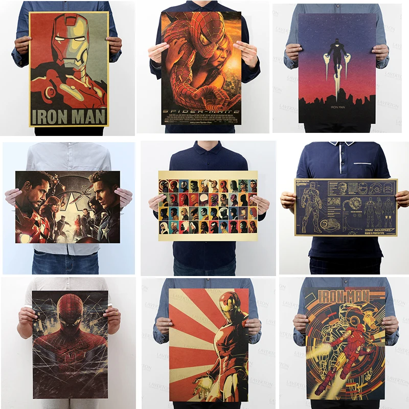 

Marvel Hero Figures Toys Iron Man Captain America The Avengers Vintage Kraft Paper Home Decor Art Retro Prints Boys Toy Figures