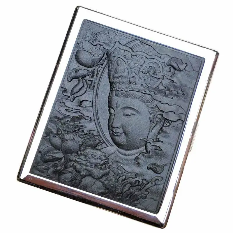 Wood Carving Creative Cigarette Box Personality Gift Men Metal Ultra-thin Portable Stainless Steel Wood Box Sandalwood - Color: Black